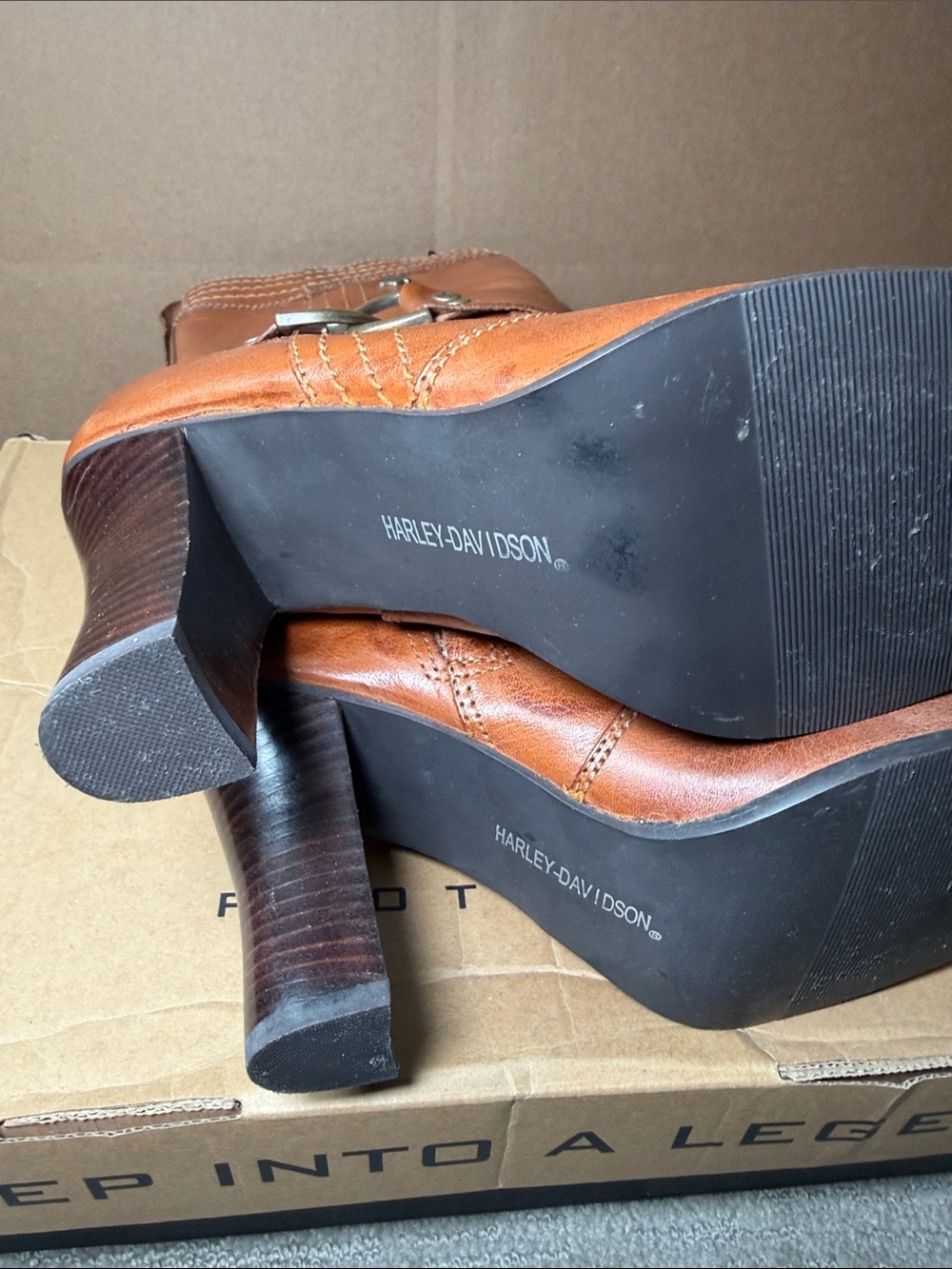 Harley-Davidson Brown Leather Mid-Calf Heeled Boots with Harness Accent - Picture 8 of 10